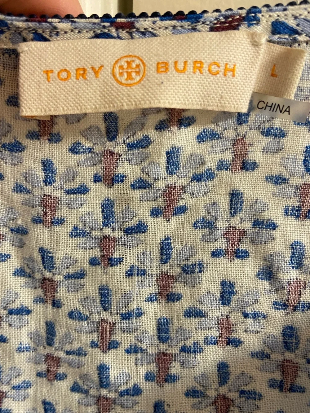 Tory Burch Split V-Neck Tunic Top Front Pockets Navy White Linen Large